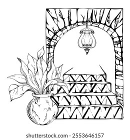 Patio garden arch opening portal, geometric azulejo wall tiles, stairs potted plant, hanging cast iron lantern. Hand drawn ink vector illustration. Isolated single element for travel, home yard decor