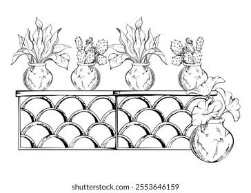 Patio garden fence wall with potted house plants, terracotta scales balustrade, architectural lace border wall. Hand drawn ink vector illustration. Isolated single element for travel, home yard decor