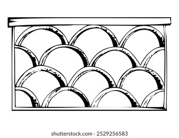 Patio garden fence wall, terracotta scales balustrade, architectural lace border wall. Hand drawn ink vector illustration. Single element isolated on white. Design travel, home yard decor brochure