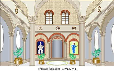 Patio historic building with columns, arches, small pool, shrubs in pots, decorated with wall paintings and characters with capital arched windows in the front wall with an ornament 