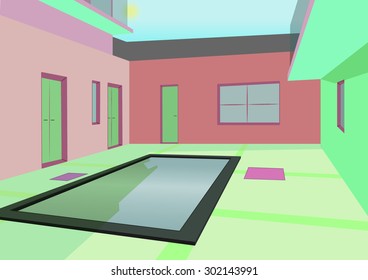 patio inner yard with swimming pool vector illustration 
