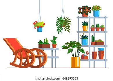 Patio interior design with rocking chair, metal rack, room plants in pots and hanging baskets. Home garden orangery decoration & furniture. Flat style vector illustration isolated on white background.