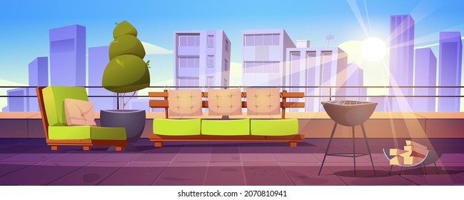 Patio en la azotea con sofá, sillón y parrilla de cocina para barbacoa. Dibujo vectorial de techo o balcón con mobiliario para fiesta de barbacoa y vista a la ciudad