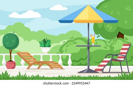 patio outdoor. background backyard village with BBQ relax place two benches and green trees