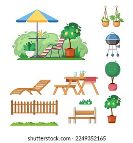 patio outdoor. bbq backyard constructor template creation kit with tables bushes and furniture. Vector illustrations