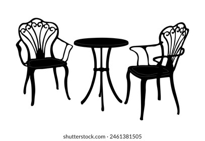 Patio, al aire libre, muebles de jardín con sillas y mesa para el café de la calle de verano, restaurante, bistro. Café. Terraza de la cafetería con Vacantes. Dibujo de contorno de Vector, iconos de silueta negra aislados.