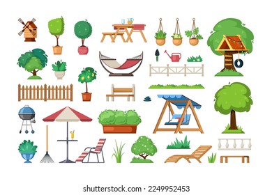 patio outdoor. house backyar for BBQ furniture trees and bushes. Vector cartoon collection