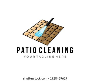 Patio Pressure Cleaning, Pressure Water Cleaner, Water Jet And Block Floor, Logo Design. Power Washer, Outdoor Floor Worker Cleaning And Concrete Surface, Vector Design And Illustration