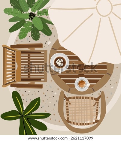 A patio scene with a table and chairs, a white umbrella, and a potted plant. The table has a cup of coffee and a cup of tea, and there are two chairs around it. The scene conveys a relaxed. Top view