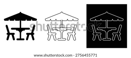 Patio table and chairs with umbrella icons in black, White, And outlined styles for design use