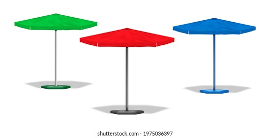 Patio umbrella. Outdoor garden parasol. Beach sunshade. Color set. Green, red, blue colours. Easy to recolor. Realistic vector illustration