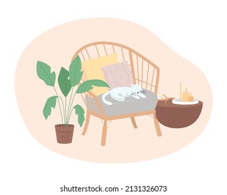 Patio wooden furniture 2D vector isolated illustration. Outdoor chair and table flat items on cartoon background. Cozy and comfortable arrangement colourful scene for mobile, website, presentation
