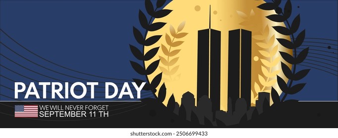  Patiot day. Two towers of World Trade Center in laurel wreath on background of golden moon. September 11. We will never forget. Banner, vector background.