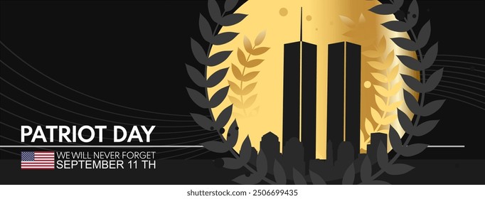  Patiot day. Two towers of World Trade Center in laurel wreath on background of golden moon. September 11. We will never forget. Banner, vector background.