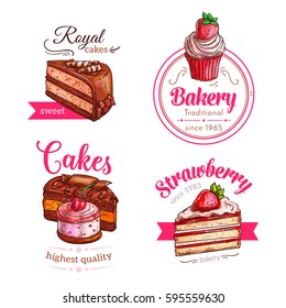 Patisserie dessert cakes vector icons. Cupcakes and bakery torte of strawberry cheesecake pie or chocolate brownie and fruit biscuit tart. Pastry raisin muffin and pudding or donut with muffin