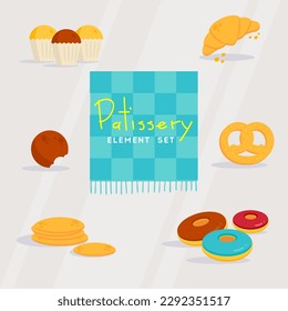 Elementos de pastelería con pasteles, donuts, cruasanes, crepes y galletas