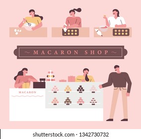 Patissier and guest of sweet macaroon shop. flat design style minimal vector illustration