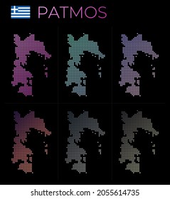 Mapa de puntos de Patmos. Mapa de Patmos en estilo punteado. Las fronteras de la isla están llenas de hermosos círculos de gradientes lisos. Auténtica ilustración vectorial.