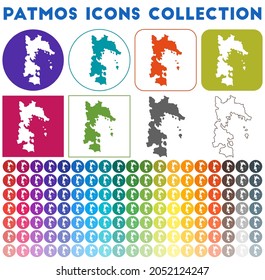 Patmos icons collection. Bright colorful trendy map icons. Modern Patmos badge with island map. Vector illustration.