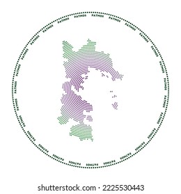 Patmos round logo. Digital style shape of Patmos in dotted circle with island name. Tech icon of the island with gradiented dots. Creative vector illustration.