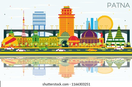 Patna India City Skyline with Color Buildings, Blue Sky and Reflections. Vector Illustration. Business Travel and Tourism Concept with Modern Architecture. Patna Cityscape with Landmarks.