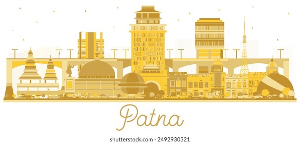 Silueta del horizonte de la ciudad de Patna India con edificios dorados aislados en blanco. Ilustración vectorial. Concepto de viajes de negocios y turismo con arquitectura moderna. Paisaje urbano de Patna con Lugares famosos.