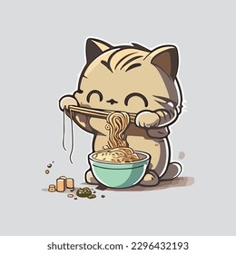 patong cat eating noodles t-shirt design super cute 2d vector