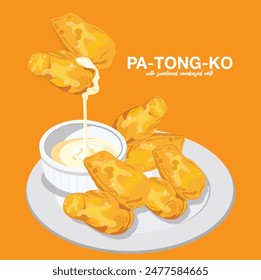 Patongko deep fried dough stick dipping into sweetened condensed milk