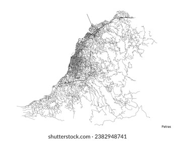 Patras city map with roads and streets, Greece. Vector outline illustration.