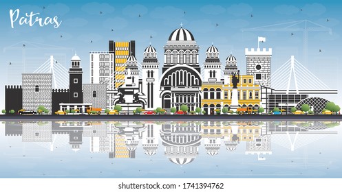 Patras Greece City Skyline with Color Buildings, Blue Sky and Reflections. Vector Illustration. Travel and Tourism Concept with Historic and Modern Architecture. Patras Cityscape with Landmarks.