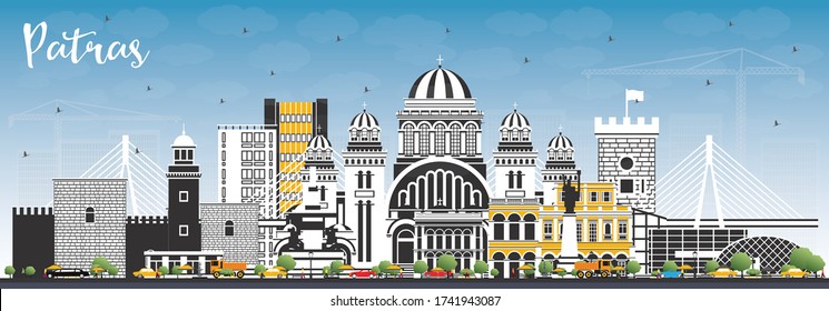 Patras Greece City Skyline with Color Buildings and Blue Sky. Vector Illustration. Travel and Tourism Concept with Historic and Modern Architecture. Patras Cityscape with Landmarks.