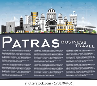 Patras Greece City Skyline with Color Buildings, Blue Sky and Copy Space. Vector Illustration. Travel and Tourism Concept with Historic and Modern Architecture. Patras Cityscape with Landmarks.