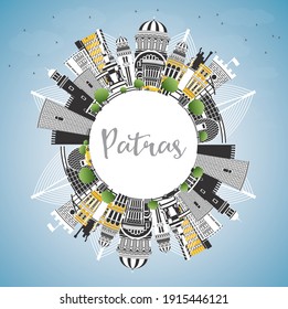 Patras Greece City Skyline with Color Buildings, Blue Sky and Copy Space. Vector Illustration. Travel and Tourism Concept with Historic and Modern Architecture. Patras Cityscape with Landmarks.