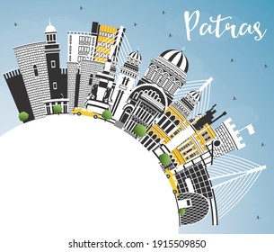 Patras Greece City Skyline with Color Buildings, Blue Sky and Copy Space. Vector Illustration. Travel and Tourism Concept with Historic and Modern Architecture. Patras Cityscape with Landmarks.