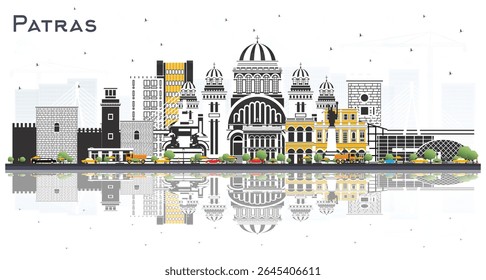 Patras Grécia Skyline com edifícios coloridos e reflexões isolados em branco. Ilustração de vetor. Viagens, conceito de turismo com arquitetura histórica e moderna. Paisagem da cidade de Patras com pontos de referência.