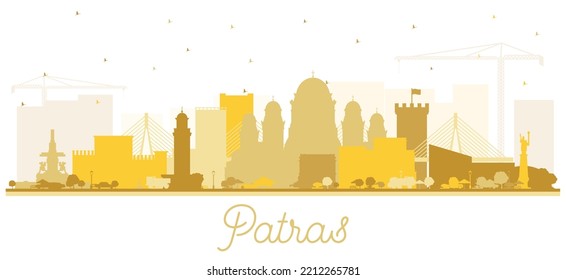 Patras Greece City Skyline Silhouette with Golden Buildings Isolated on White. Vector Illustration. Travel and Tourism Concept with Historic and Modern Architecture. Patras Cityscape with Landmarks.