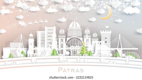 Patras Greece. Winter City Skyline in Paper Cut Style with Snowflakes, Moon and Neon Garland. Christmas and New Year Concept. Santa Claus on Sleigh. Patras Cityscape with Landmarks.