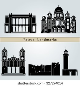 Patras landmarks and monuments isolated on blue background in editable vector file