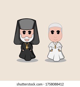 Patriarch Theophilos with paus fransiskus pray chibi cartoon style vector illustration