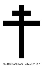 Cruz patriarcal, silueta vectorial en blanco y negro ilustra la forma religiosa de la cruz cristiana, aislada en fondo blanco