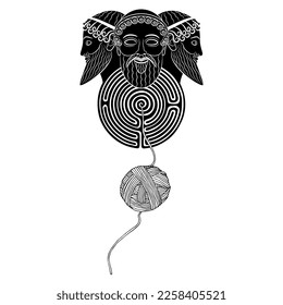 Patriarchal triad on a round spiral maze or labyrinth symbol and a yarn ball. Three heads of bearded ancient Greek gods. Creative mythological concept. Ariadne thread. Black and white silhouette.