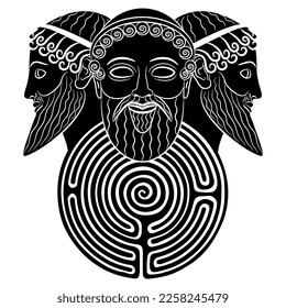 Patriarchal triad and a round spiral maze or labyrinth symbol. Three heads of bearded ancient Greek gods. Zeus, Poseidon and Hades. Trimurti. Creative mythological concept. Black and white silhouette.