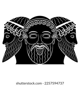 Patriarchal triad. Three heads of bearded ancient Greek gods. Zeus, Poseidon and Hades. Trimurti. Creative mythological concept. Black and white silhouette.