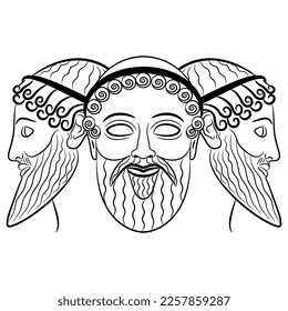 Tríada patriarcal. Tres cabezas de antiguos dioses griegos con barba. Zeus, Poseidon y Hades. Trimurti. Concepto mitológico creativo. Silueta lineal blanca y negra.