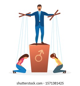 Patriarchy political system metaphor flat vector illustration. Patriarchal barrier to females in politics. Form of government. Primary power of men. Oppression of women cartoon characters