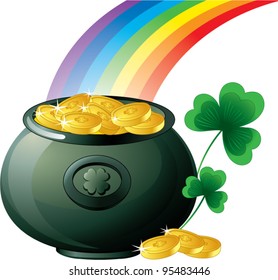 Patrick background with pot, coins, shamrock  and rainbow