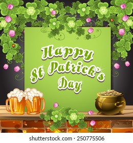 Patrick banner with clover, beer and pot of coins