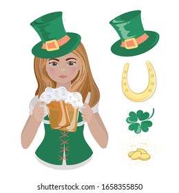 PATRICK BEER GIRL Saint Patrick Day Vector Illustration Set