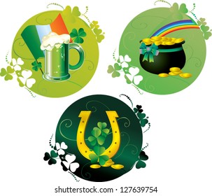 Patrick card with clover, pot, horseshoe, rainbow, irish flag and green beer