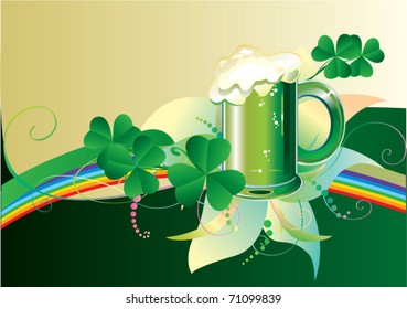 Patrick card. Green beer with clover and rainbow on green background